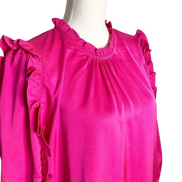 J. Crew Bright Pink Satin Crepe Ruffle Sleeve Top 3/4 Sleeve Small NWT - Picture 2 of 8